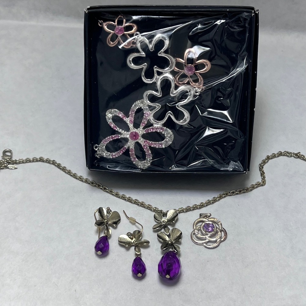 Flowercore Jewelry‎ Lot Purple Crystal Earrings Necklace Rose Pendant Pink Stone